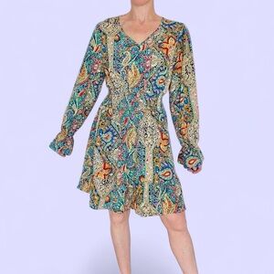 Retro Colorful Paisley Floral Abstract Hippie Long Sleeve Mini Dress